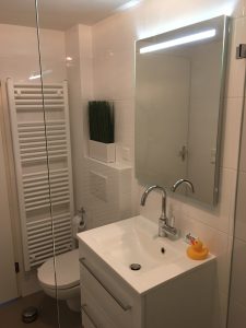 Mooie lichte badkamer met wastafelmeubel, compact toilet, decor radiator en inloopdouche met glazen wand.